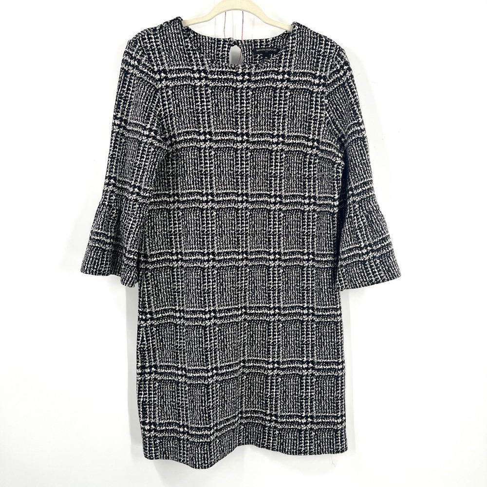 Banana Republic black white sheath dress bell sleeve abstract checkered work M